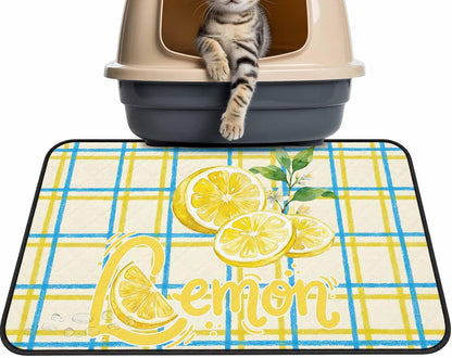 T&H XHomeLemon Cat Litter Mat 40x30 , Lemon Leaves Summer Plant Plaid Yellow Kitty Litter Box mat for Cat Machine Washable Easy Clean Soft Non-Slip Pet Food Mats for Floor Rug