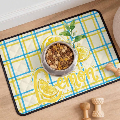 T&H XHomeLemon Cat Litter Mat 40x30 , Lemon Leaves Summer Plant Plaid Yellow Kitty Litter Box mat for Cat Machine Washable Easy Clean Soft Non-Slip Pet Food Mats for Floor Rug