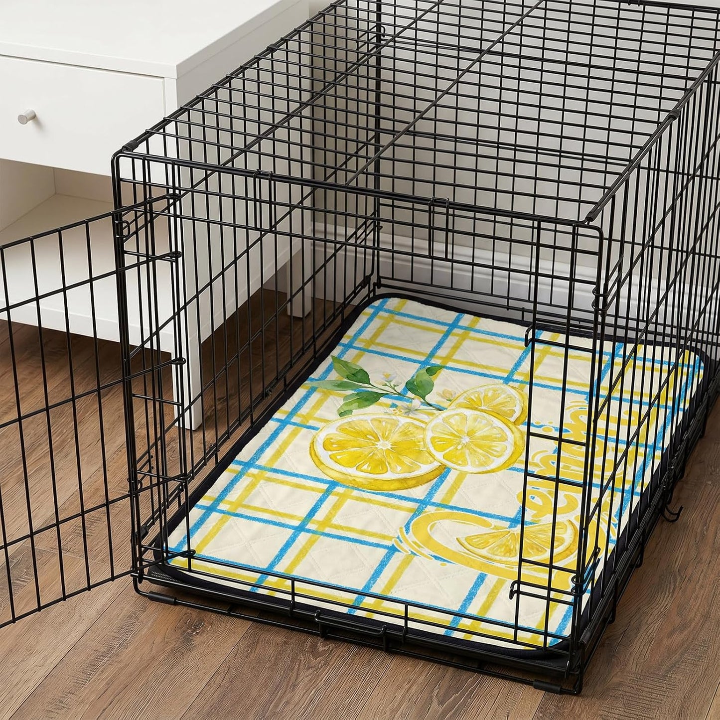 T&H XHomeLemon Cat Litter Mat 40x30 , Lemon Leaves Summer Plant Plaid Yellow Kitty Litter Box mat for Cat Machine Washable Easy Clean Soft Non-Slip Pet Food Mats for Floor Rug