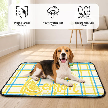T&H XHomeLemon Cat Litter Mat 40x30 , Lemon Leaves Summer Plant Plaid Yellow Kitty Litter Box mat for Cat Machine Washable Easy Clean Soft Non-Slip Pet Food Mats for Floor Rug