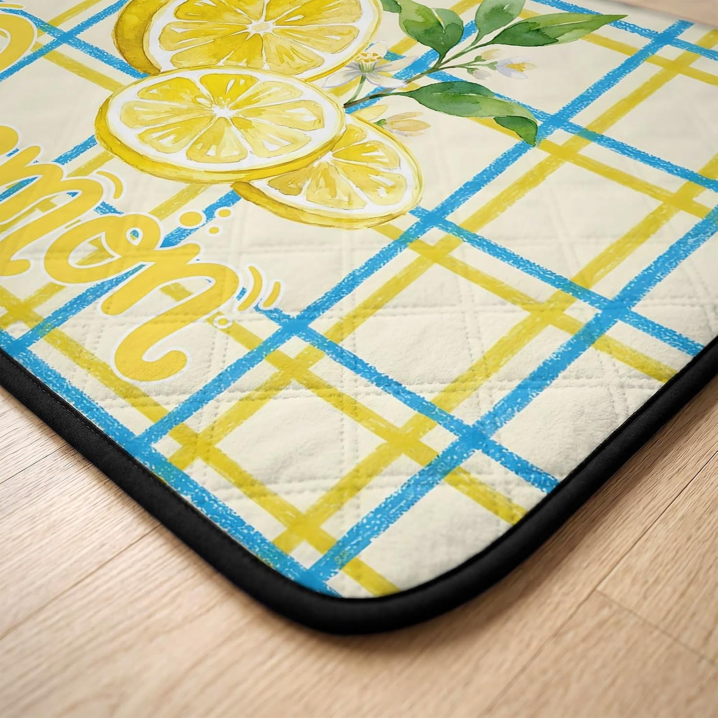 T&H XHomeLemon Cat Litter Mat 40x30 , Lemon Leaves Summer Plant Plaid Yellow Kitty Litter Box mat for Cat Machine Washable Easy Clean Soft Non-Slip Pet Food Mats for Floor Rug