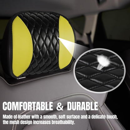 2PCS Car Headrest Cover, Soft Leather Head Rest Protector, Yellow | Waterproof Headrest Cover with Elastic Straps, Non-Slip, Dust Covering Accessories for Most Vehicles, Easy to Clean
