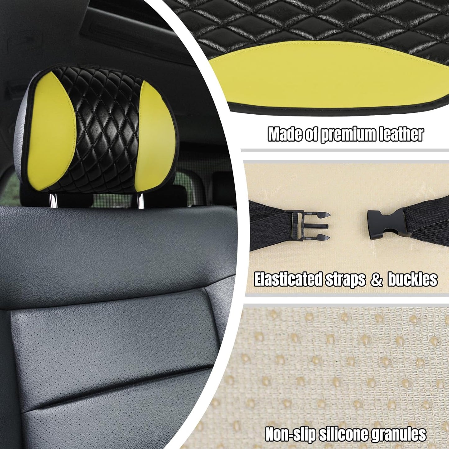 2PCS Car Headrest Cover, Soft Leather Head Rest Protector, Yellow | Waterproof Headrest Cover with Elastic Straps, Non-Slip, Dust Covering Accessories for Most Vehicles, Easy to Clean
