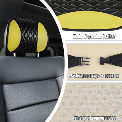 2PCS Car Headrest Cover, Soft Leather Head Rest Protector, Yellow | Waterproof Headrest Cover with Elastic Straps, Non-Slip, Dust Covering Accessories for Most Vehicles, Easy to Clean