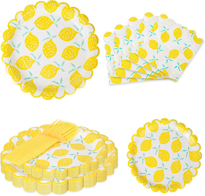102 Pcs Summer Paper Plates Napkins Forks for 24 Guests，Lemon Party Decorations for Summer,Lemon Plates and Napkins for Birthday Decorations