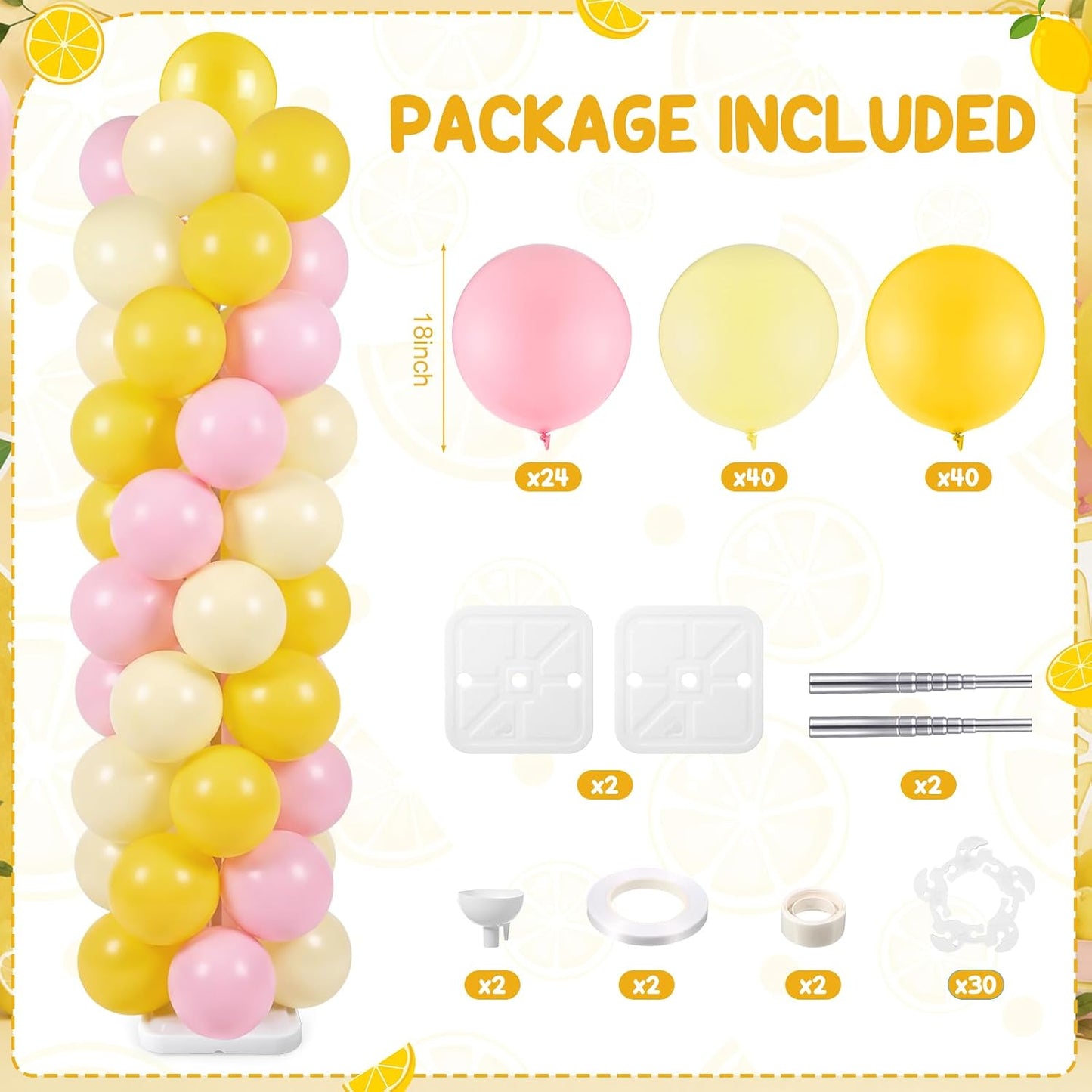 Lemon Balloon Column Stand Kit, 2 Sets 6.5 Ft Adjustable Balloon Tower Stand with Bases Pastel Yellow Light Pink Balloons Decorations for Birthday Wedding Baby Shower Party Supplies