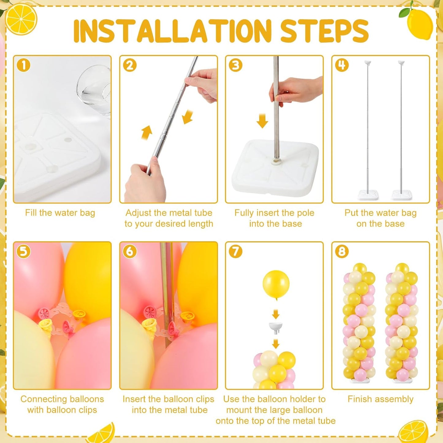 Lemon Balloon Column Stand Kit, 2 Sets 6.5 Ft Adjustable Balloon Tower Stand with Bases Pastel Yellow Light Pink Balloons Decorations for Birthday Wedding Baby Shower Party Supplies