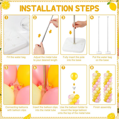Lemon Balloon Column Stand Kit, 2 Sets 6.5 Ft Adjustable Balloon Tower Stand with Bases Pastel Yellow Light Pink Balloons Decorations for Birthday Wedding Baby Shower Party Supplies