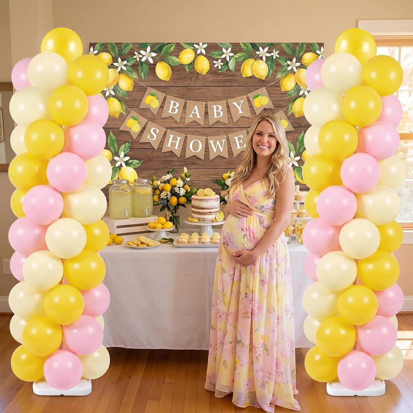Lemon Balloon Column Stand Kit, 2 Sets 6.5 Ft Adjustable Balloon Tower Stand with Bases Pastel Yellow Light Pink Balloons Decorations for Birthday Wedding Baby Shower Party Supplies