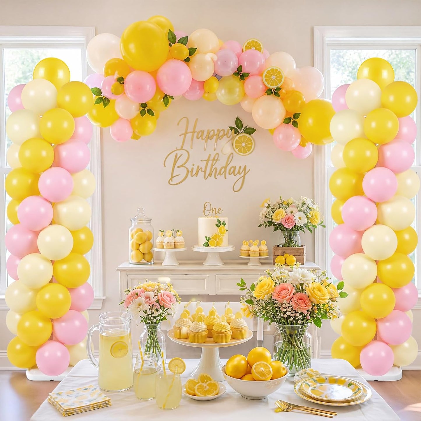 Lemon Balloon Column Stand Kit, 2 Sets 6.5 Ft Adjustable Balloon Tower Stand with Bases Pastel Yellow Light Pink Balloons Decorations for Birthday Wedding Baby Shower Party Supplies
