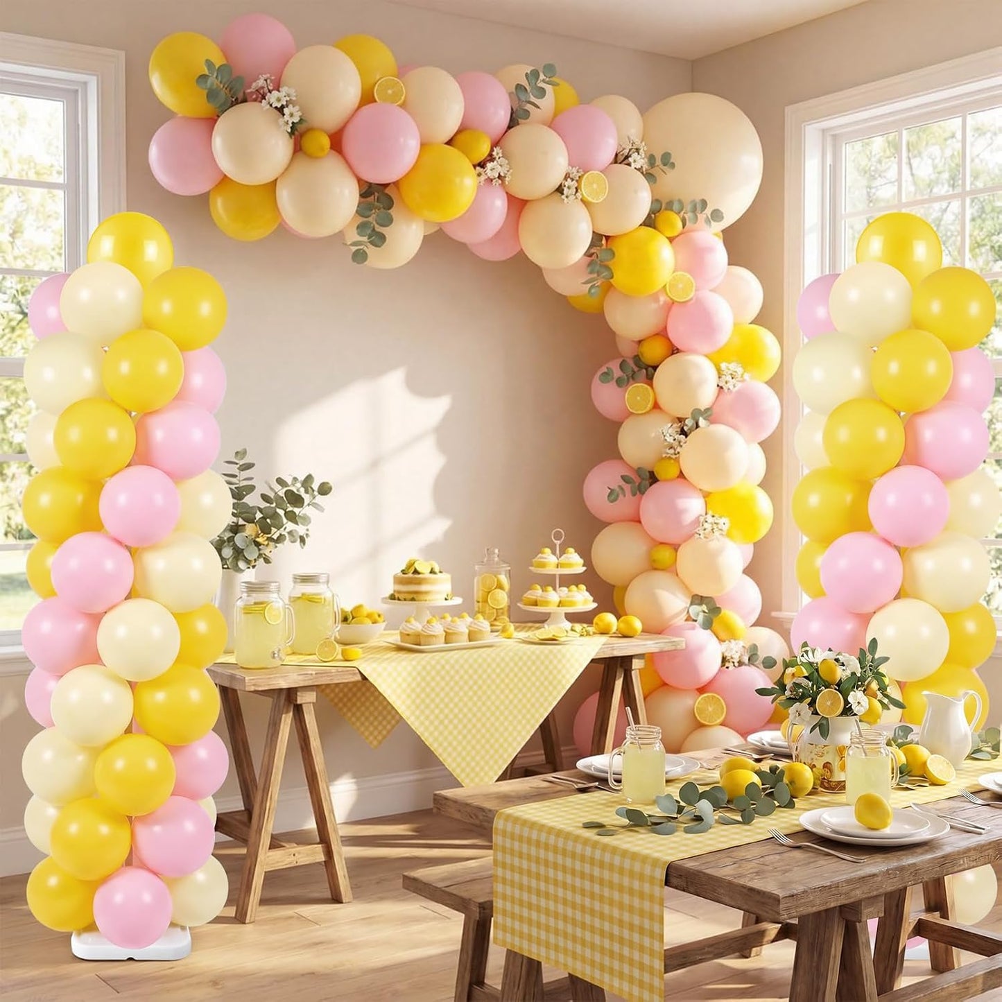 Lemon Balloon Column Stand Kit, 2 Sets 6.5 Ft Adjustable Balloon Tower Stand with Bases Pastel Yellow Light Pink Balloons Decorations for Birthday Wedding Baby Shower Party Supplies