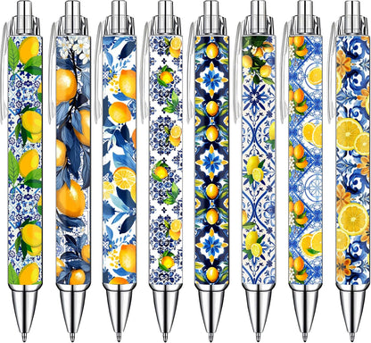 Capri Lemon Pens Set – Mediterranean-Inspired Ballpoint Pens for Girls, Students, and Stationery Lovers – Smooth Writing Pens for School, Journaling, or Gifts – Bright and Elegant Design, 8 Pack