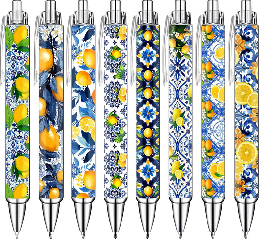 Capri Lemon Pens Set – Mediterranean-Inspired Ballpoint Pens for Girls, Students, and Stationery Lovers – Smooth Writing Pens for School, Journaling, or Gifts – Bright and Elegant Design, 8 Pack
