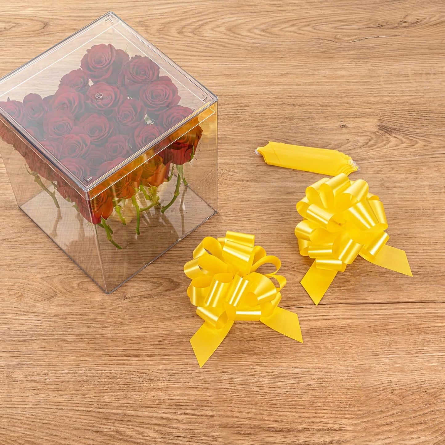 Gift Tek 5.5 Inch Ribbon Pull Bows 10 Satin Pull Bows - 20 Loops Instant Pull Design Yellow Plastic Flower Bows for Gifts Large for Wedding Baskets and Gift Wrapping