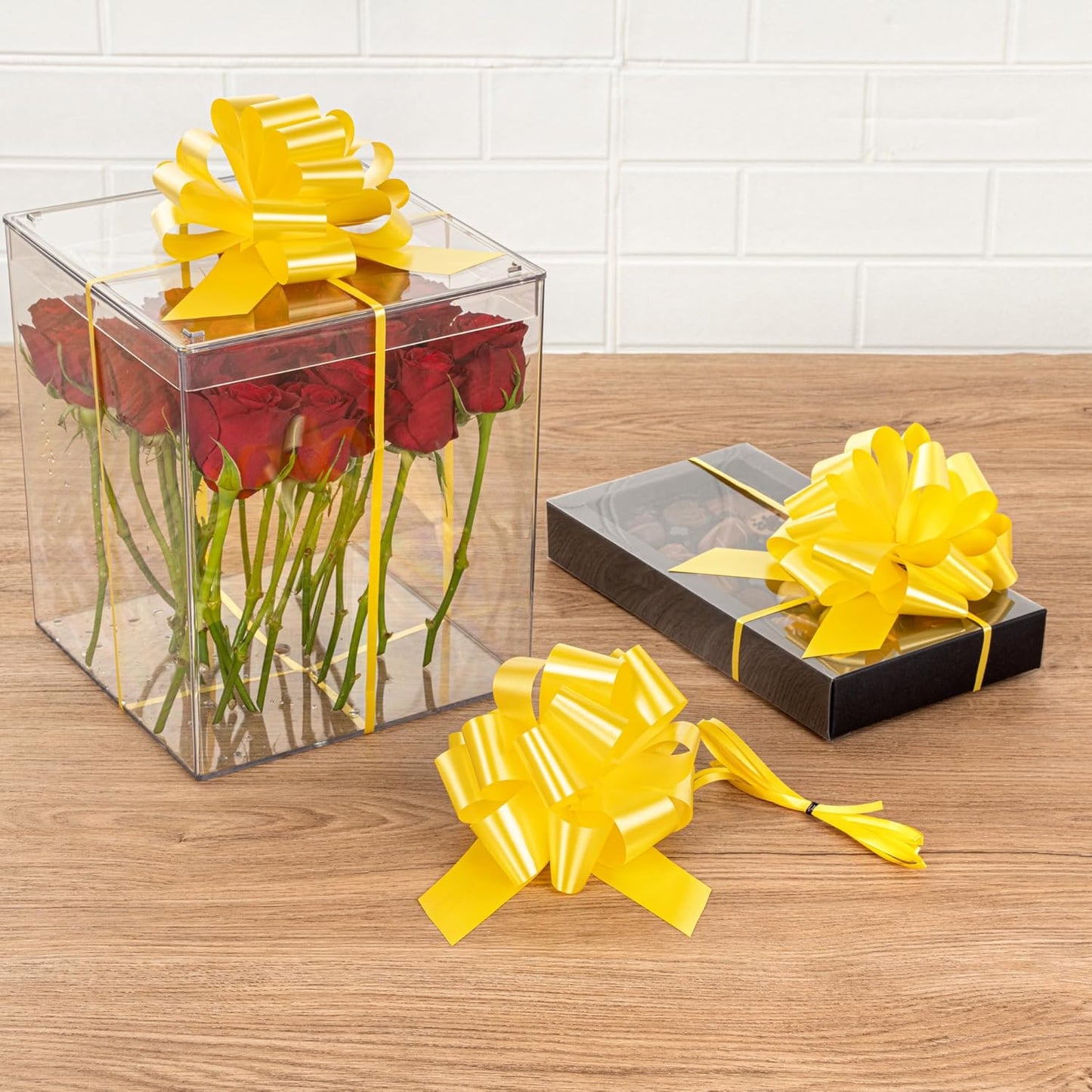 Gift Tek 5.5 Inch Ribbon Pull Bows 10 Satin Pull Bows - 20 Loops Instant Pull Design Yellow Plastic Flower Bows for Gifts Large for Wedding Baskets and Gift Wrapping
