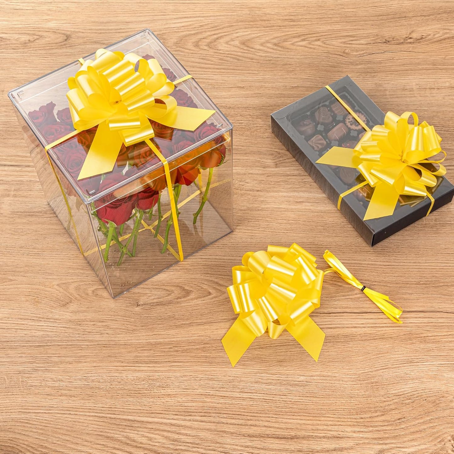Gift Tek 5.5 Inch Ribbon Pull Bows 10 Satin Pull Bows - 20 Loops Instant Pull Design Yellow Plastic Flower Bows for Gifts Large for Wedding Baskets and Gift Wrapping