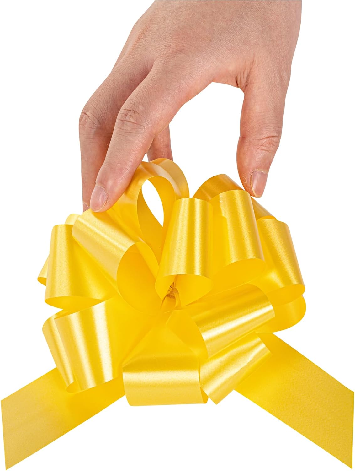Gift Tek 5.5 Inch Ribbon Pull Bows 10 Satin Pull Bows - 20 Loops Instant Pull Design Yellow Plastic Flower Bows for Gifts Large for Wedding Baskets and Gift Wrapping