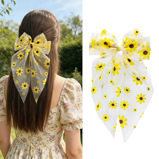 Sunflower Hair Bows for Women, Large Daisy Flowers Design Bow Hair Clips Cute Long Tail Spring Clip Barrettes Summer Hair Accessories Yellow Flower Hair Bow Clips Hair Decorations for Daily Party