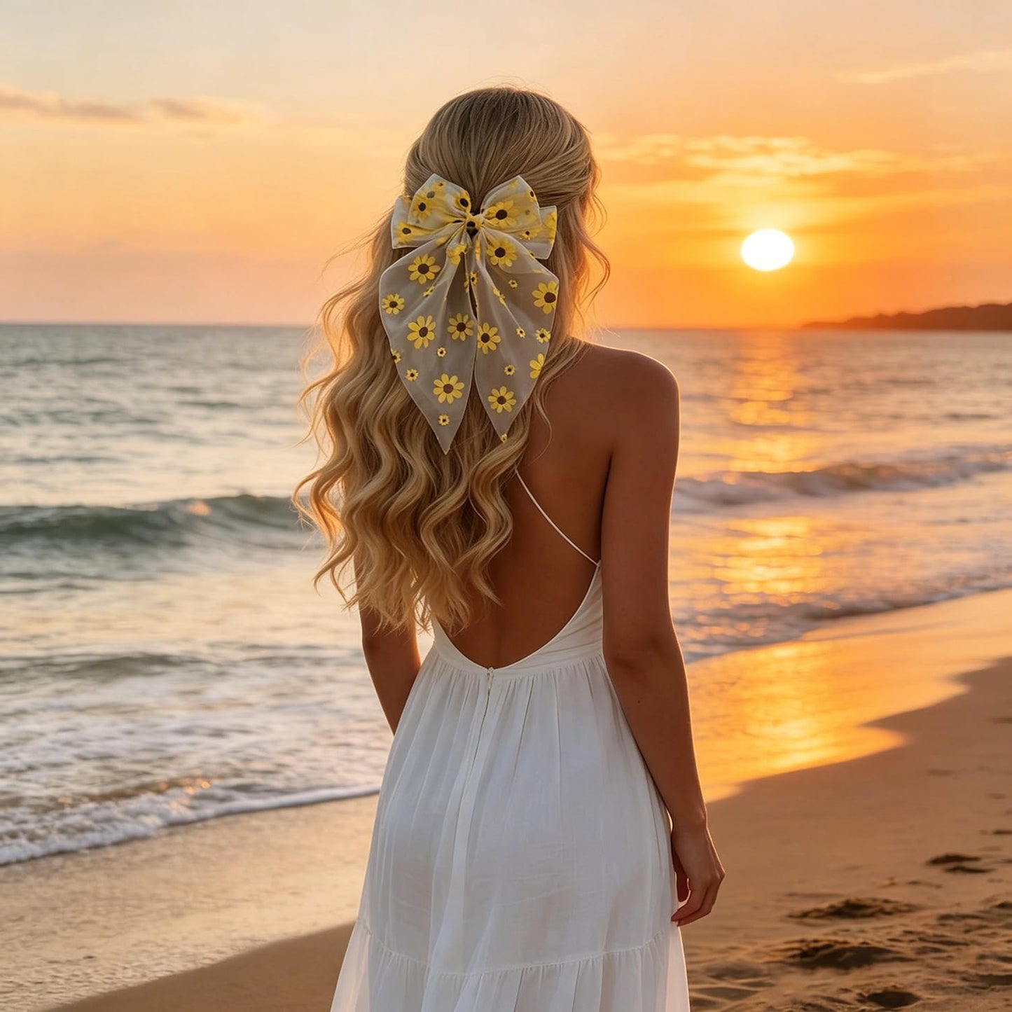 Sunflower Hair Bows for Women, Large Daisy Flowers Design Bow Hair Clips Cute Long Tail Spring Clip Barrettes Summer Hair Accessories Yellow Flower Hair Bow Clips Hair Decorations for Daily Party