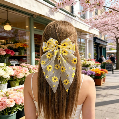 Sunflower Hair Bows for Women, Large Daisy Flowers Design Bow Hair Clips Cute Long Tail Spring Clip Barrettes Summer Hair Accessories Yellow Flower Hair Bow Clips Hair Decorations for Daily Party