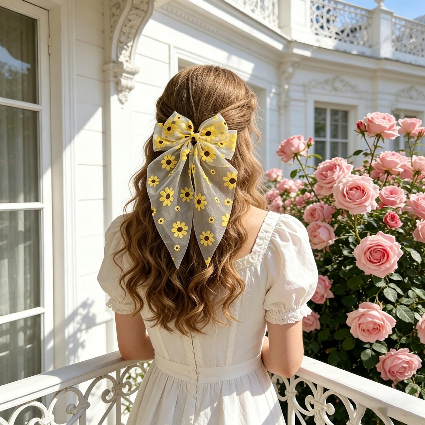 Sunflower Hair Bows for Women, Large Daisy Flowers Design Bow Hair Clips Cute Long Tail Spring Clip Barrettes Summer Hair Accessories Yellow Flower Hair Bow Clips Hair Decorations for Daily Party