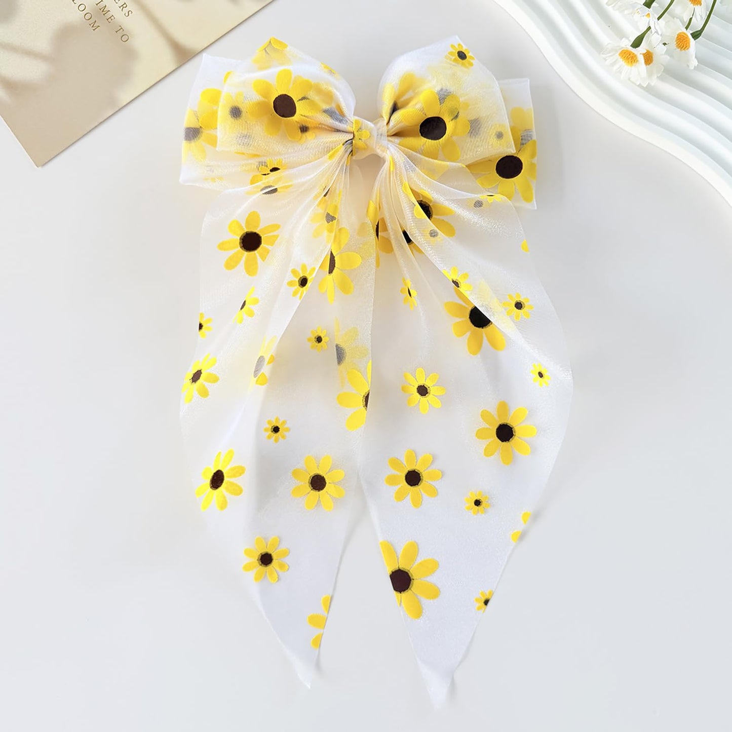 Sunflower Hair Bows for Women, Large Daisy Flowers Design Bow Hair Clips Cute Long Tail Spring Clip Barrettes Summer Hair Accessories Yellow Flower Hair Bow Clips Hair Decorations for Daily Party