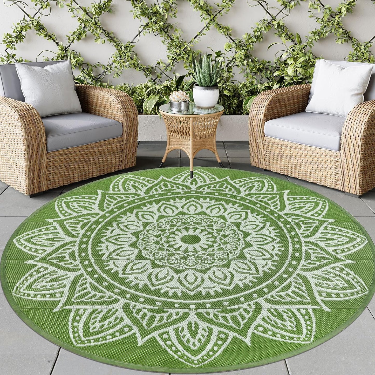 Round Outdoor Rugs for Patios 8ft Boho Plastic Outdoor Rug Waterproof Reversible Circle Outside Rugs Lightweight Portable All Weather Outdoor Carpet for Patio Backyard Porch(Yellowish Green)