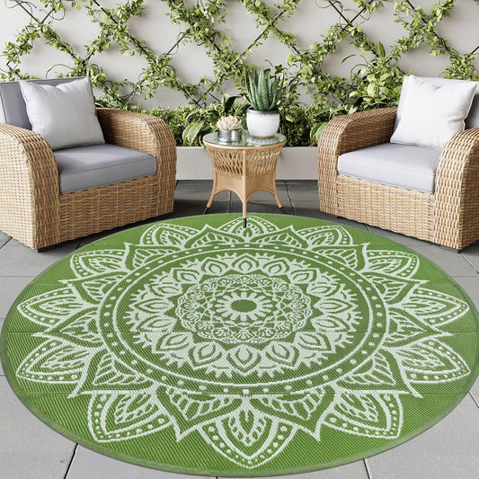 Round Outdoor Rugs for Patios 8ft Boho Plastic Outdoor Rug Waterproof Reversible Circle Outside Rugs Lightweight Portable All Weather Outdoor Carpet for Patio Backyard Porch(Yellowish Green)