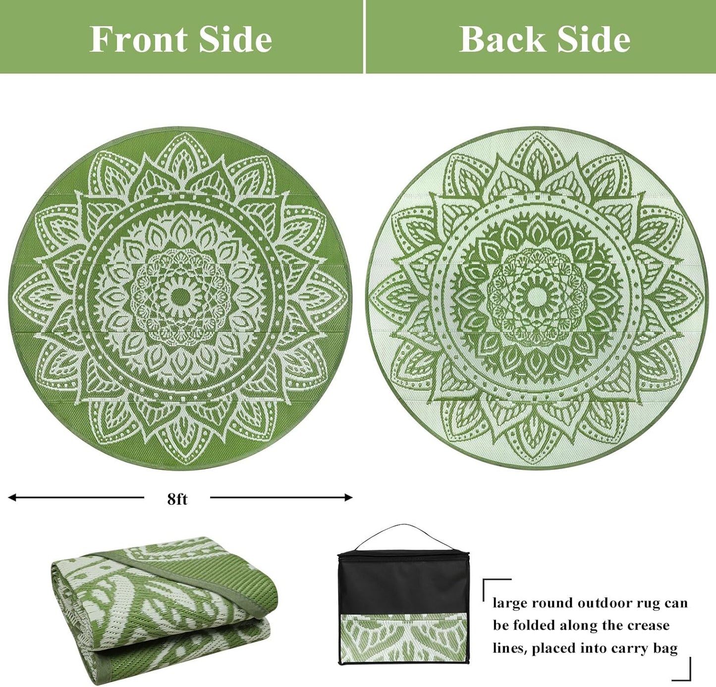 Round Outdoor Rugs for Patios 8ft Boho Plastic Outdoor Rug Waterproof Reversible Circle Outside Rugs Lightweight Portable All Weather Outdoor Carpet for Patio Backyard Porch(Yellowish Green)