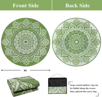 Round Outdoor Rugs for Patios 8ft Boho Plastic Outdoor Rug Waterproof Reversible Circle Outside Rugs Lightweight Portable All Weather Outdoor Carpet for Patio Backyard Porch(Yellowish Green)