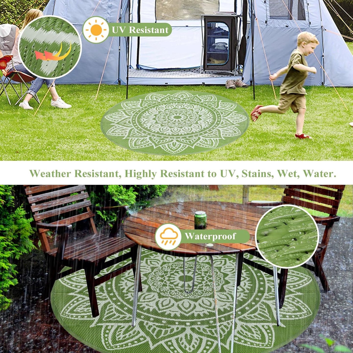 Round Outdoor Rugs for Patios 8ft Boho Plastic Outdoor Rug Waterproof Reversible Circle Outside Rugs Lightweight Portable All Weather Outdoor Carpet for Patio Backyard Porch(Yellowish Green)