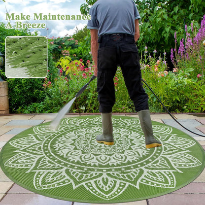 Round Outdoor Rugs for Patios 8ft Boho Plastic Outdoor Rug Waterproof Reversible Circle Outside Rugs Lightweight Portable All Weather Outdoor Carpet for Patio Backyard Porch(Yellowish Green)