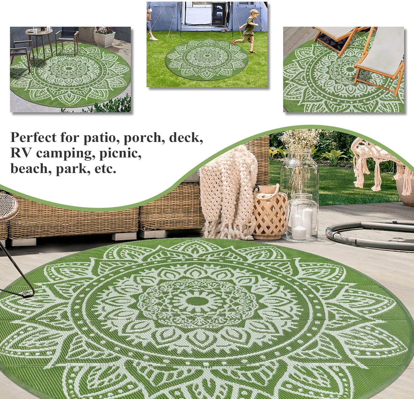 Round Outdoor Rugs for Patios 8ft Boho Plastic Outdoor Rug Waterproof Reversible Circle Outside Rugs Lightweight Portable All Weather Outdoor Carpet for Patio Backyard Porch(Yellowish Green)