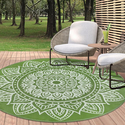 Round Outdoor Rugs for Patios 8ft Boho Plastic Outdoor Rug Waterproof Reversible Circle Outside Rugs Lightweight Portable All Weather Outdoor Carpet for Patio Backyard Porch(Yellowish Green)