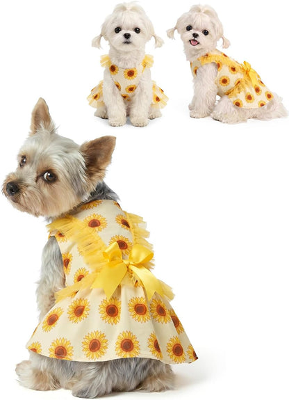 Sunflower Pet Dress for Small Dogs, Cats - Yellow Tulle Ruffle Sleeves - Satin Bow - Summer Garden, Photo Dress