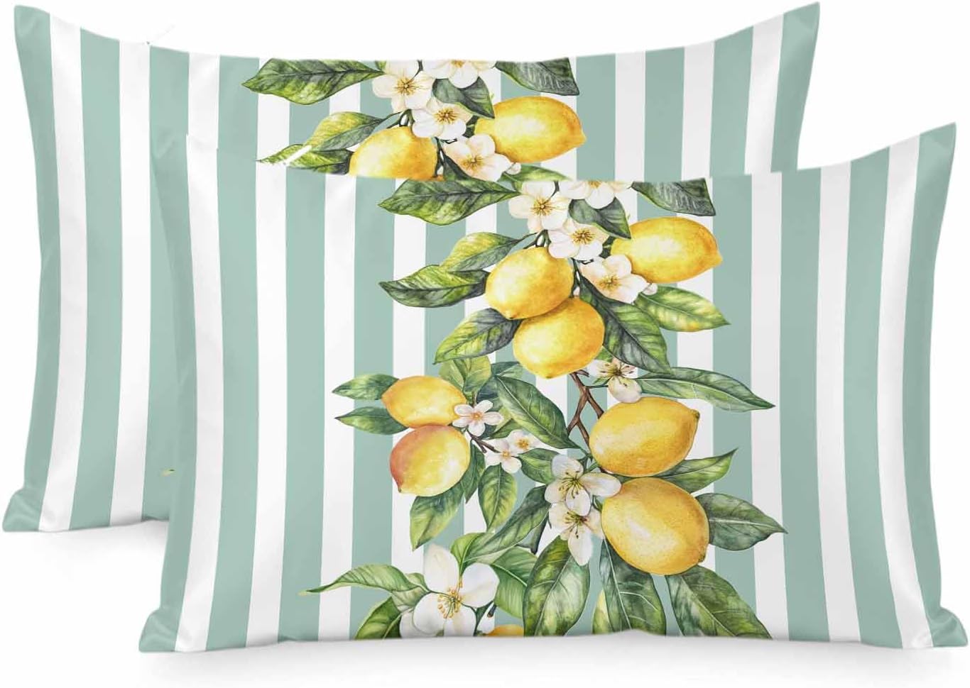 Yellow Lemon Floral Standard Pillowcase Set of 2, Sage Green Stripe Satin Pillow Case Cover with Smooth Hidden Zipper Closure, Soft Throw Pillow Covers Cases for Home Decoration 20 X 26 Inches