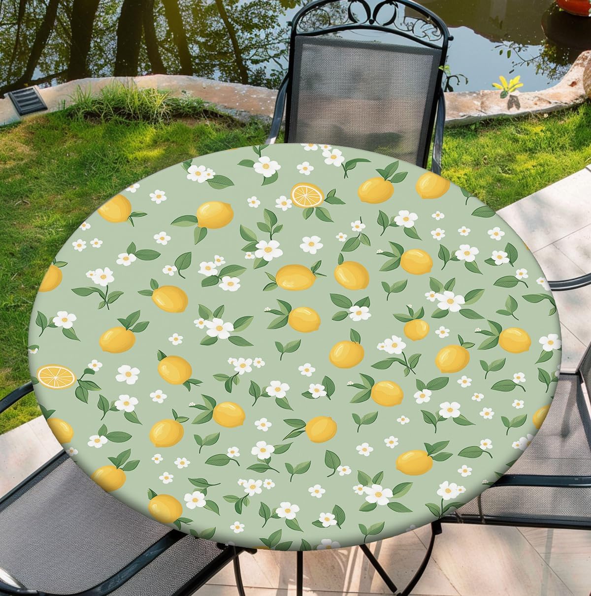 Round Tablecloth with Elastic Edge, 36-60Inch Waterproof Table Cloth for Dinner, Outdoor, Picnic, 48inch, Cute Lemon