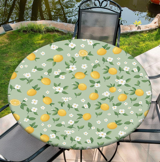 Round Tablecloth with Elastic Edge, 36-60Inch Waterproof Table Cloth for Dinner, Outdoor, Picnic, 48inch, Cute Lemon