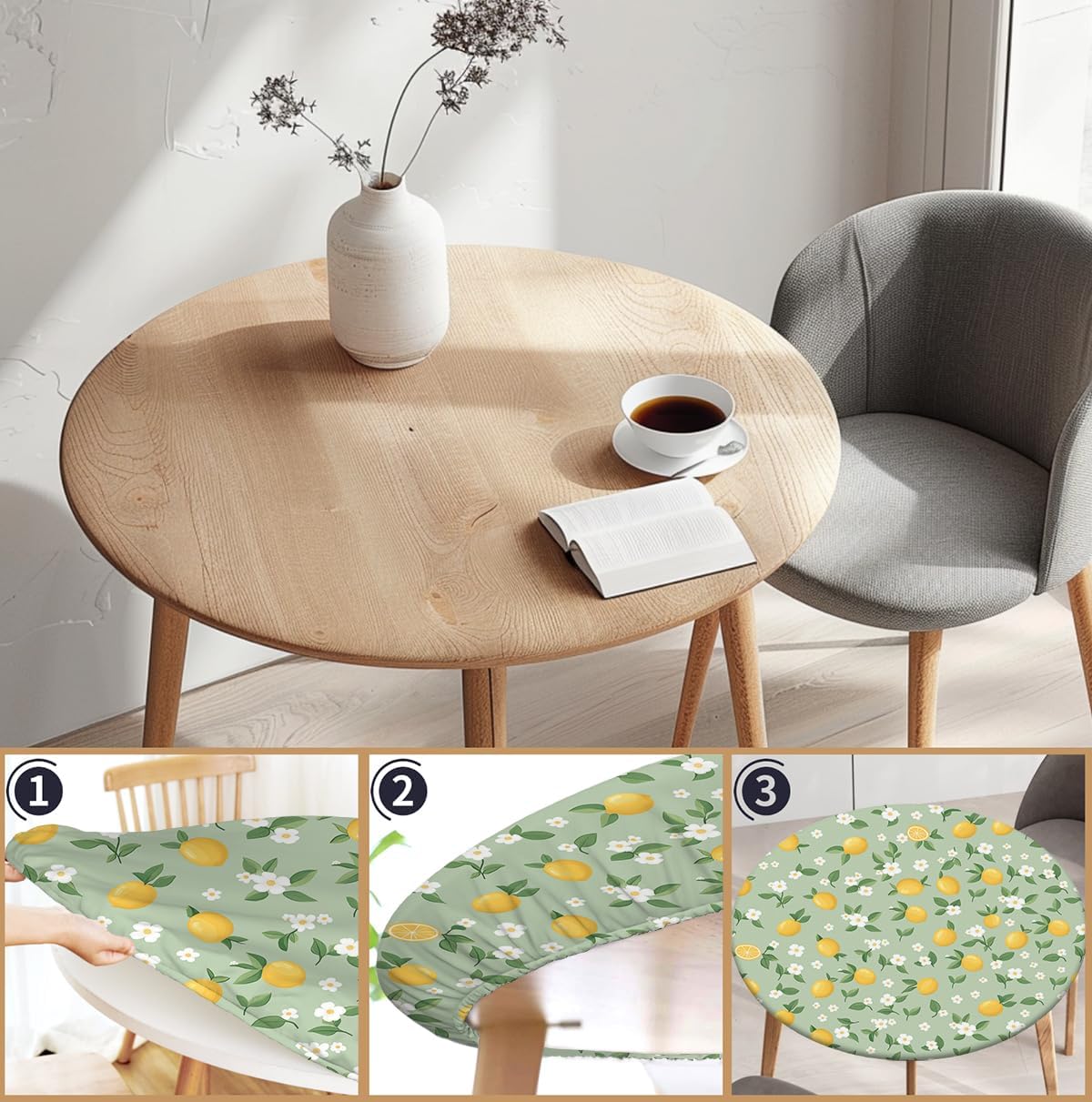 Round Tablecloth with Elastic Edge, 36-60Inch Waterproof Table Cloth for Dinner, Outdoor, Picnic, 48inch, Cute Lemon