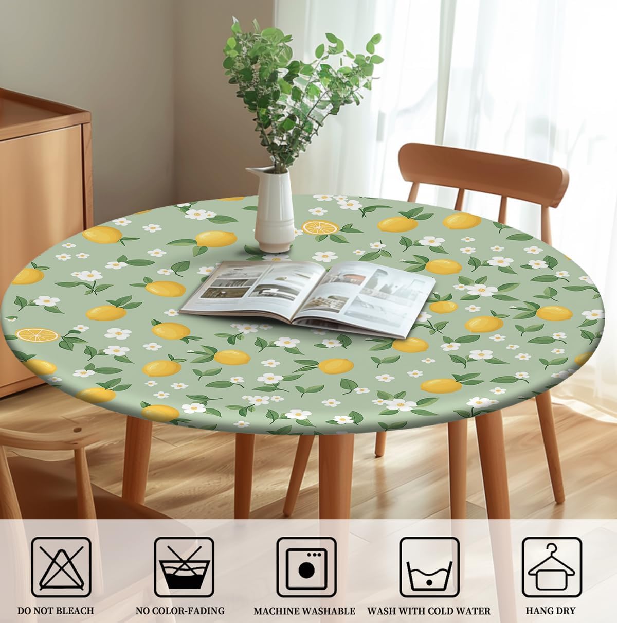Round Tablecloth with Elastic Edge, 36-60Inch Waterproof Table Cloth for Dinner, Outdoor, Picnic, 48inch, Cute Lemon
