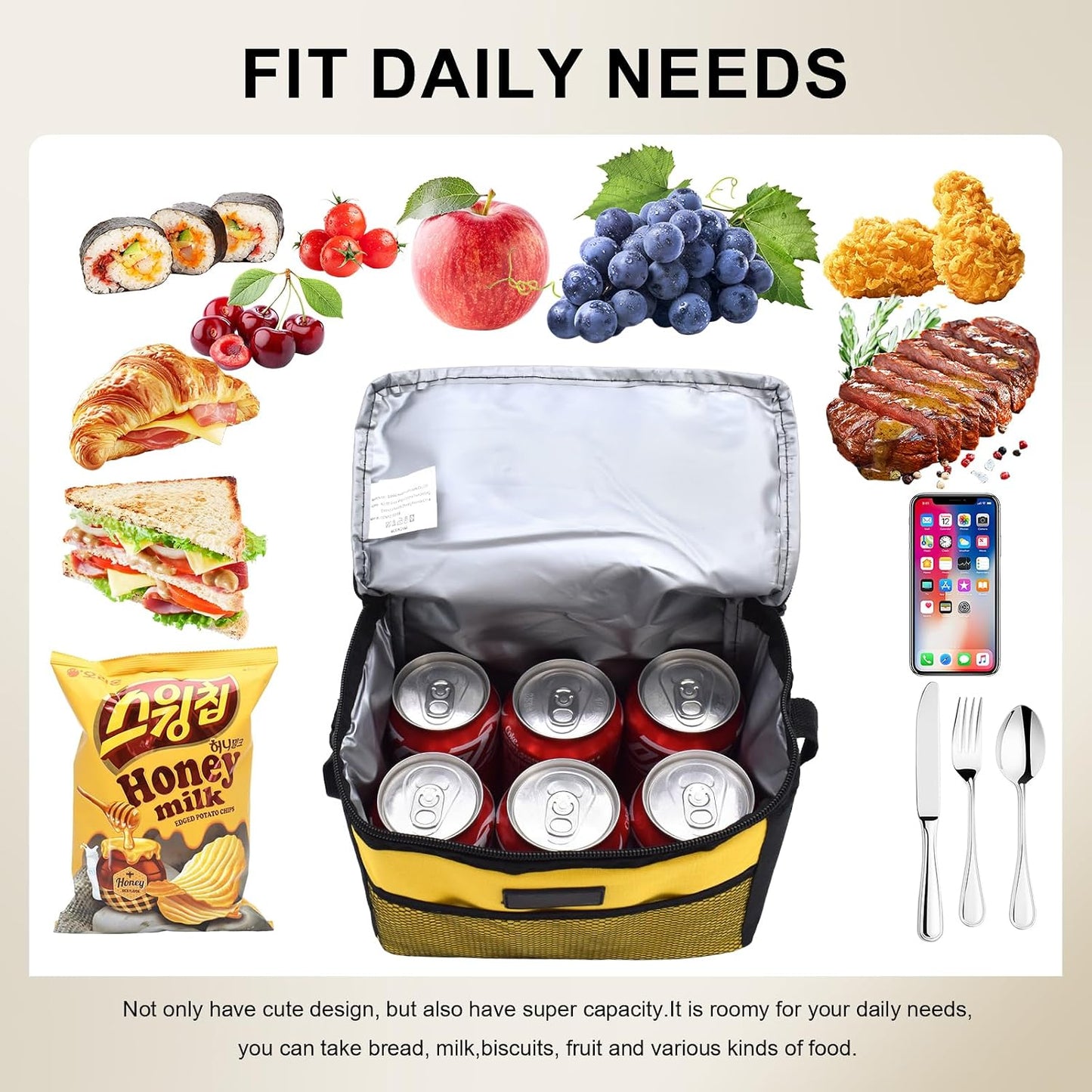 5L Lunch Bag Leakproof Thermal Cooler Lunch Box Adult Waterproof Insulated Lunch Tote Bag (5L,Yellow)
