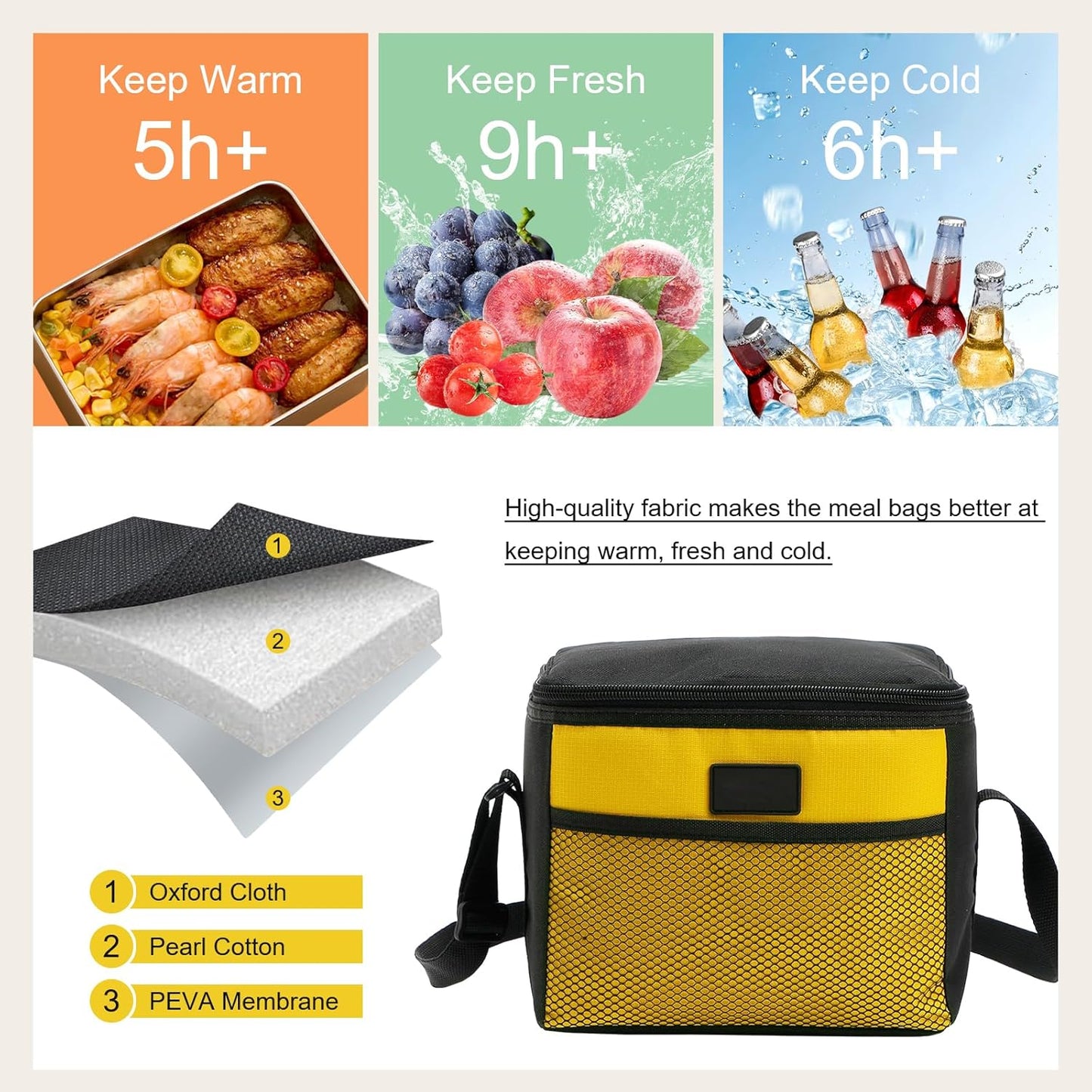 5L Lunch Bag Leakproof Thermal Cooler Lunch Box Adult Waterproof Insulated Lunch Tote Bag (5L,Yellow)