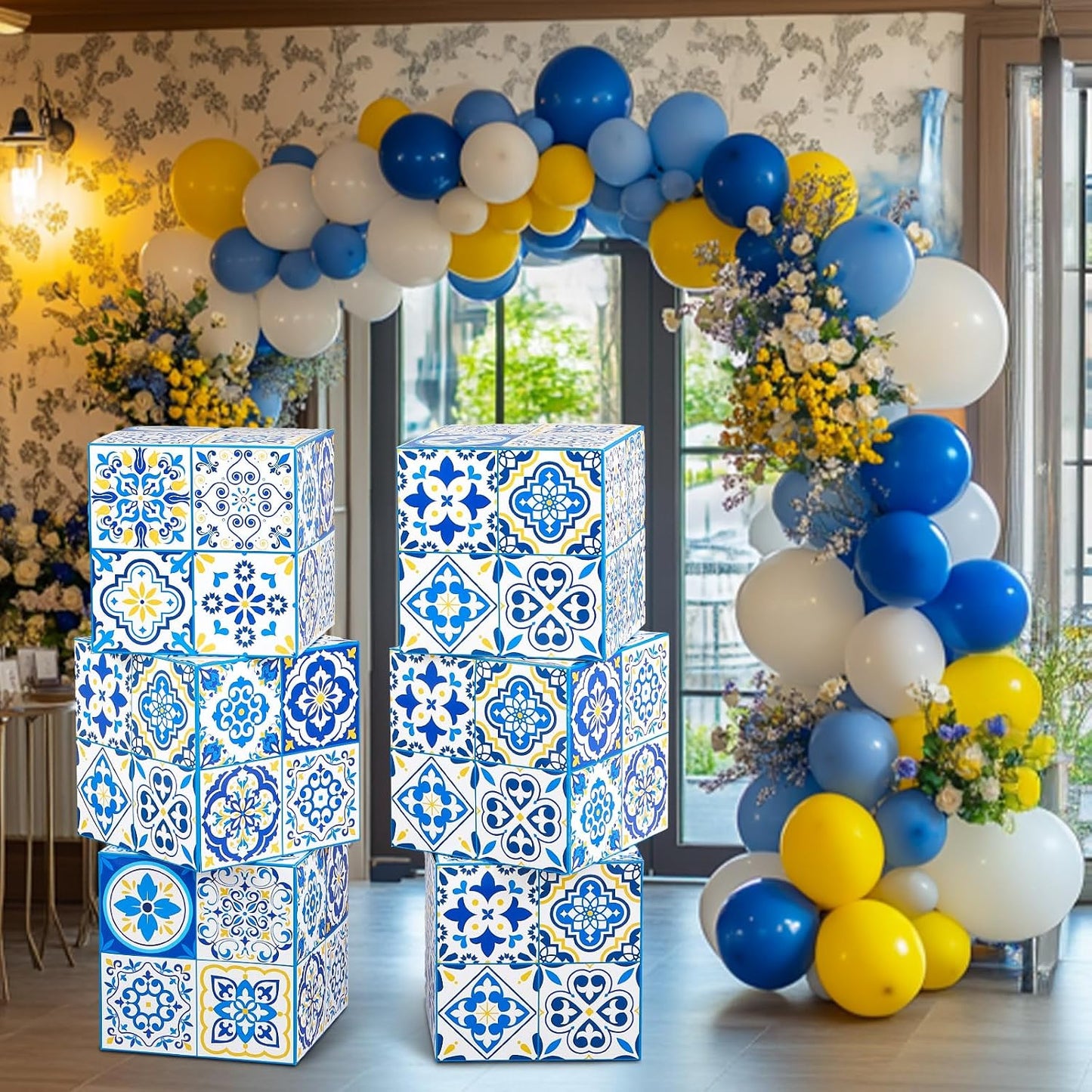 6 Pcs 12" Amalfi Coast Party Boxes,Capri Lemon Party Decorations | 350g Rigid Cardboard,Pre Folded & Glue Free Assembly,Baby Shower Mediterranea Wedding Backdrop Tablescape & Risers