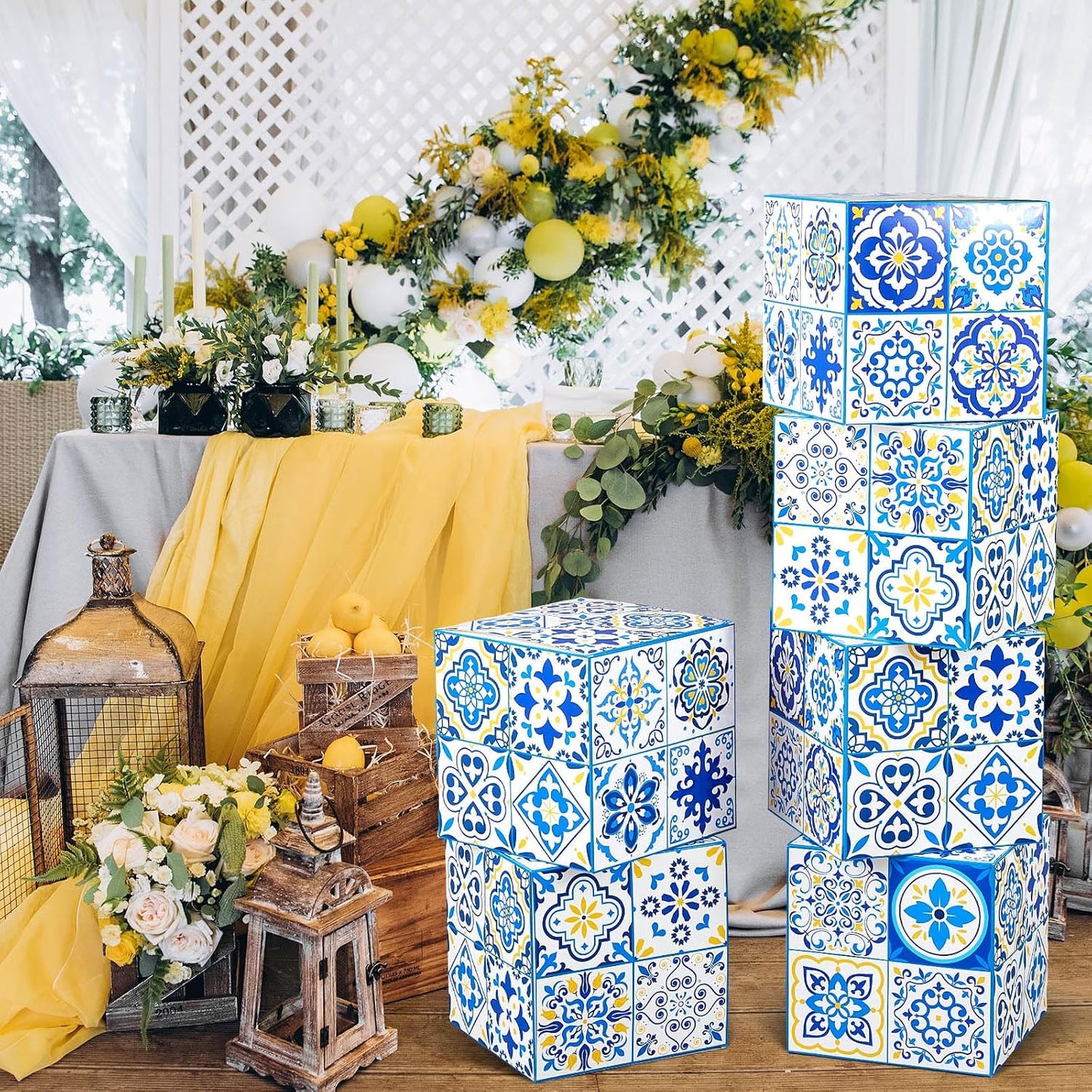 6 Pcs 12" Amalfi Coast Party Boxes,Capri Lemon Party Decorations | 350g Rigid Cardboard,Pre Folded & Glue Free Assembly,Baby Shower Mediterranea Wedding Backdrop Tablescape & Risers