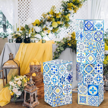 6 Pcs 12" Amalfi Coast Party Boxes,Capri Lemon Party Decorations | 350g Rigid Cardboard,Pre Folded & Glue Free Assembly,Baby Shower Mediterranea Wedding Backdrop Tablescape & Risers