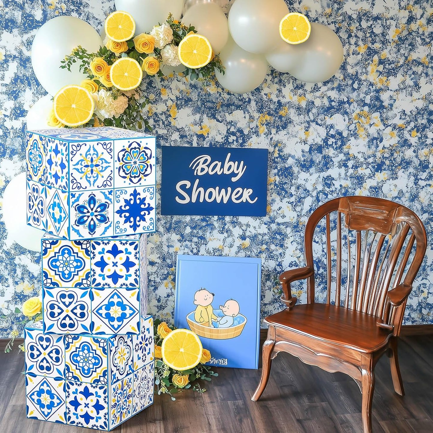 6 Pcs 12" Amalfi Coast Party Boxes,Capri Lemon Party Decorations | 350g Rigid Cardboard,Pre Folded & Glue Free Assembly,Baby Shower Mediterranea Wedding Backdrop Tablescape & Risers