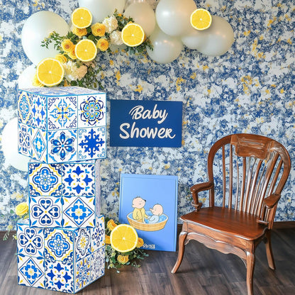 6 Pcs 12" Amalfi Coast Party Boxes,Capri Lemon Party Decorations | 350g Rigid Cardboard,Pre Folded & Glue Free Assembly,Baby Shower Mediterranea Wedding Backdrop Tablescape & Risers