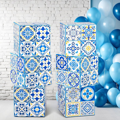 6 Pcs 12" Amalfi Coast Party Boxes,Capri Lemon Party Decorations | 350g Rigid Cardboard,Pre Folded & Glue Free Assembly,Baby Shower Mediterranea Wedding Backdrop Tablescape & Risers