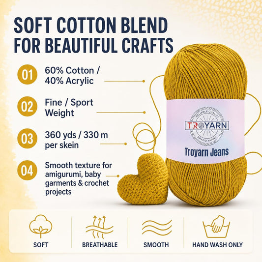 60% Cotton 40% Acrylic Crochet Yarn - 1 Skein Bulk Dark Yellow, Soft Fine/Sport for Crocheting/Knitting - Ideal for Amigurumi Dolls and Baby Garments