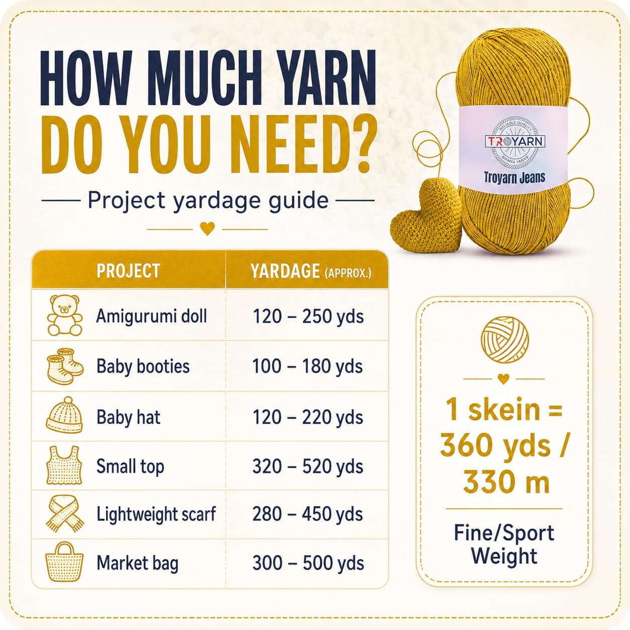 60% Cotton 40% Acrylic Crochet Yarn - 1 Skein Bulk Dark Yellow, Soft Fine/Sport for Crocheting/Knitting - Ideal for Amigurumi Dolls and Baby Garments
